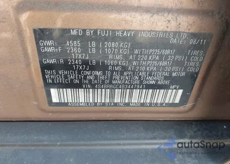 2011 Subaru Outback 2.5I Premium from USA, damaged, VIN 4S4BRBGC4B3447941